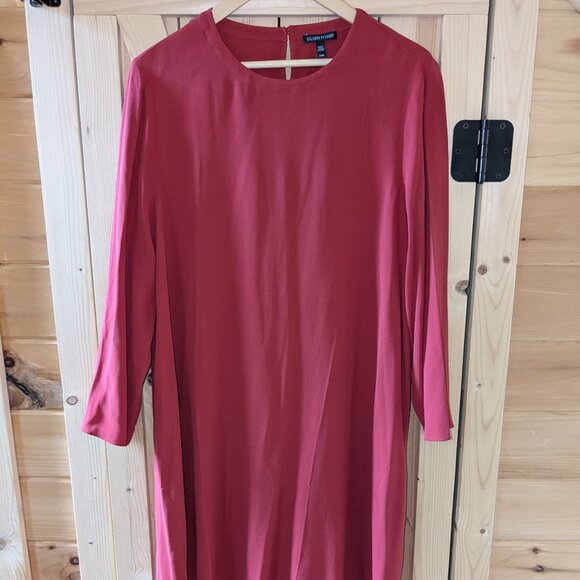 Eileen Fisher Silk Georgette Crepe Dress Medium Red Long Sleeve Round Neck Flow - Picture 1 of 10